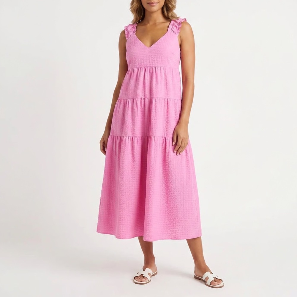 Old Navy Pink Seersucker Tiered Maxi Dress Ruffle Tie Back V-Neck M - Picture 1 of 6
